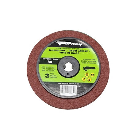 Forney Resin Fibre Sanding Disc, Aluminum Oxide, 4-1/2 in x 7/8 in Arbor, 80 Grit 71670